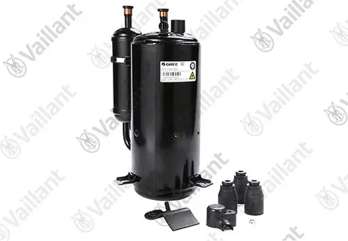 Vaillant Kompressor für Klimaanlagen, schwarz mit zwei Rohranschlüssen an der Oberseite, montiert auf einer Basis. Neben dem Kompressor sind verschiedene Gummipuffer zu sehen.
